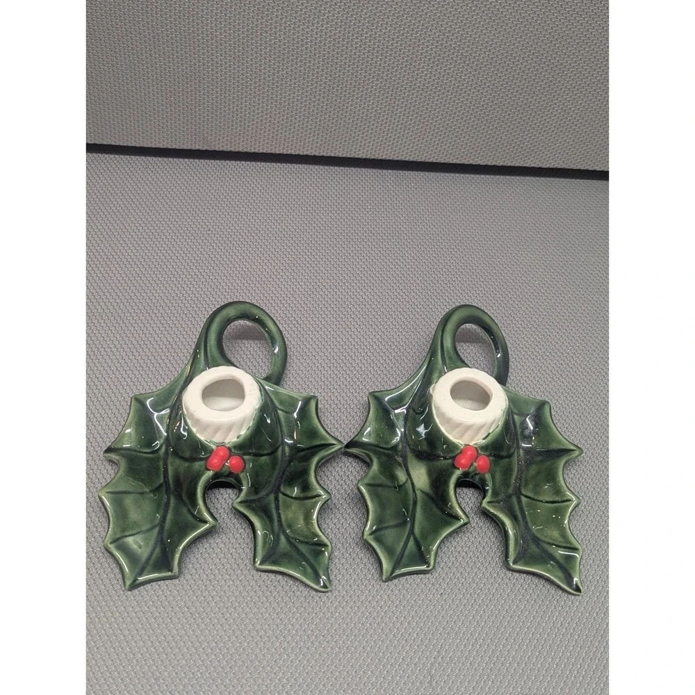 VTG Ceramic Holly Leaf Christmas Candle Holders Set of 2 Green Red Berry Signed